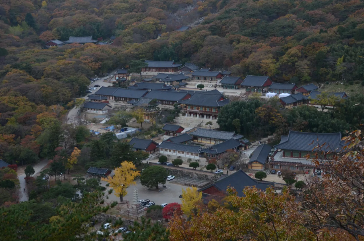 Panoramic view of Beomeosa Temple grounds spread across the wooded slopes of Geumjeongsan