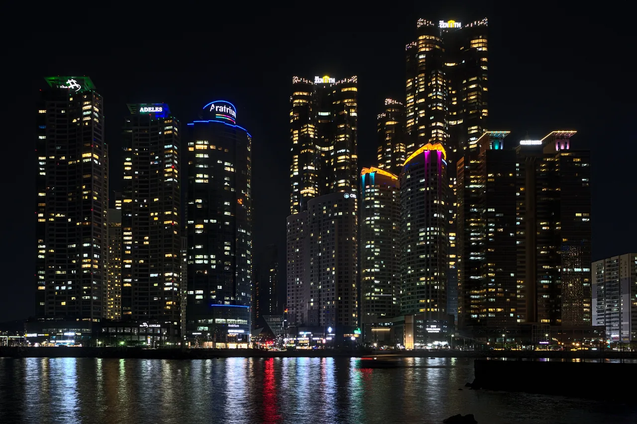 The Marine City skyline in Busan lit up at night
