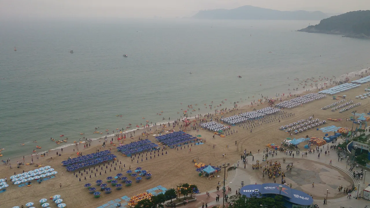 Crowds packing Haeundae Beach in Busan on a busy summer day