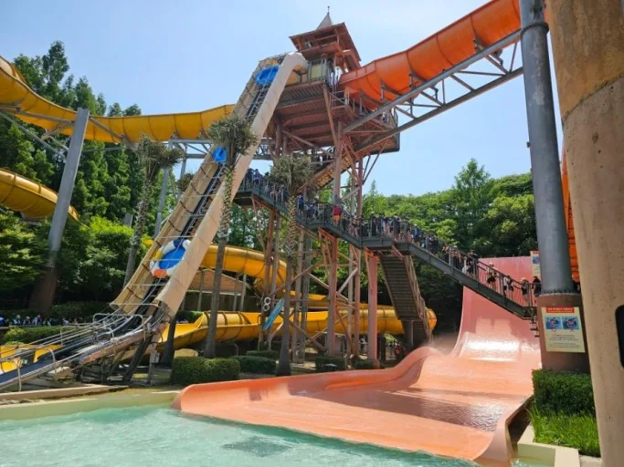 The colourful water-slide towers at Caribbean Bay, Korea's biggest water park in Yongin