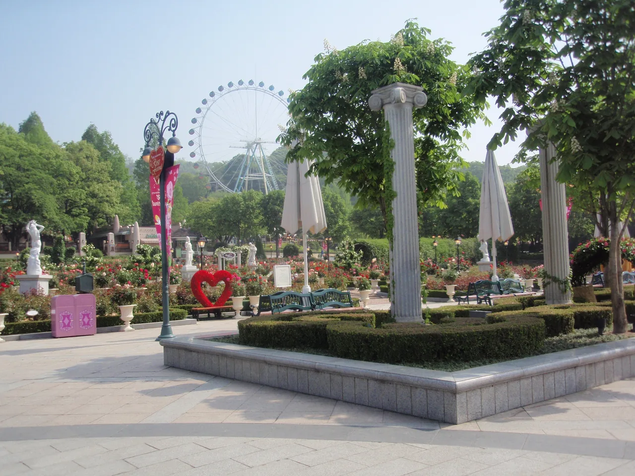Roses and classical columns in Everland's European garden, with the Ferris wheel behind