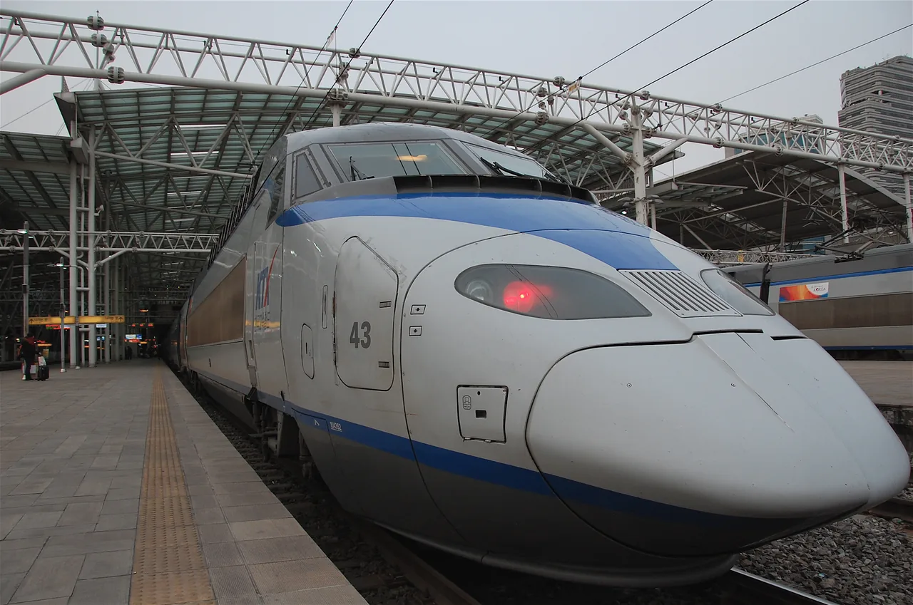 A KTX high-speed train at a station platform in South Korea
