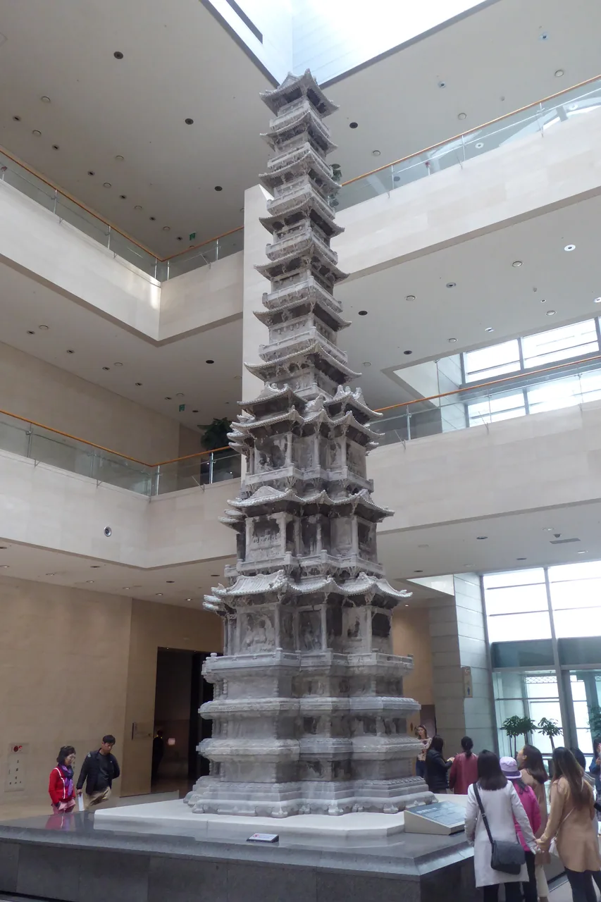 Ten-story Gyeongcheonsa stone pagoda rising through the Path to History at the National Museum of Korea
