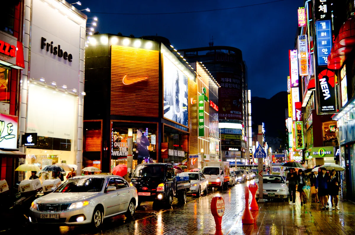 Neon-lit streets of Seomyeon, Busan's downtown district, at night