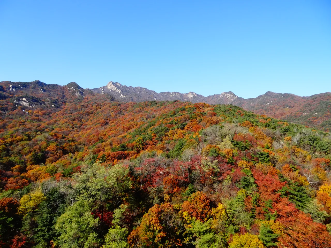 Bukhansan mountain ridge above Seoul turning red and gold in autumn