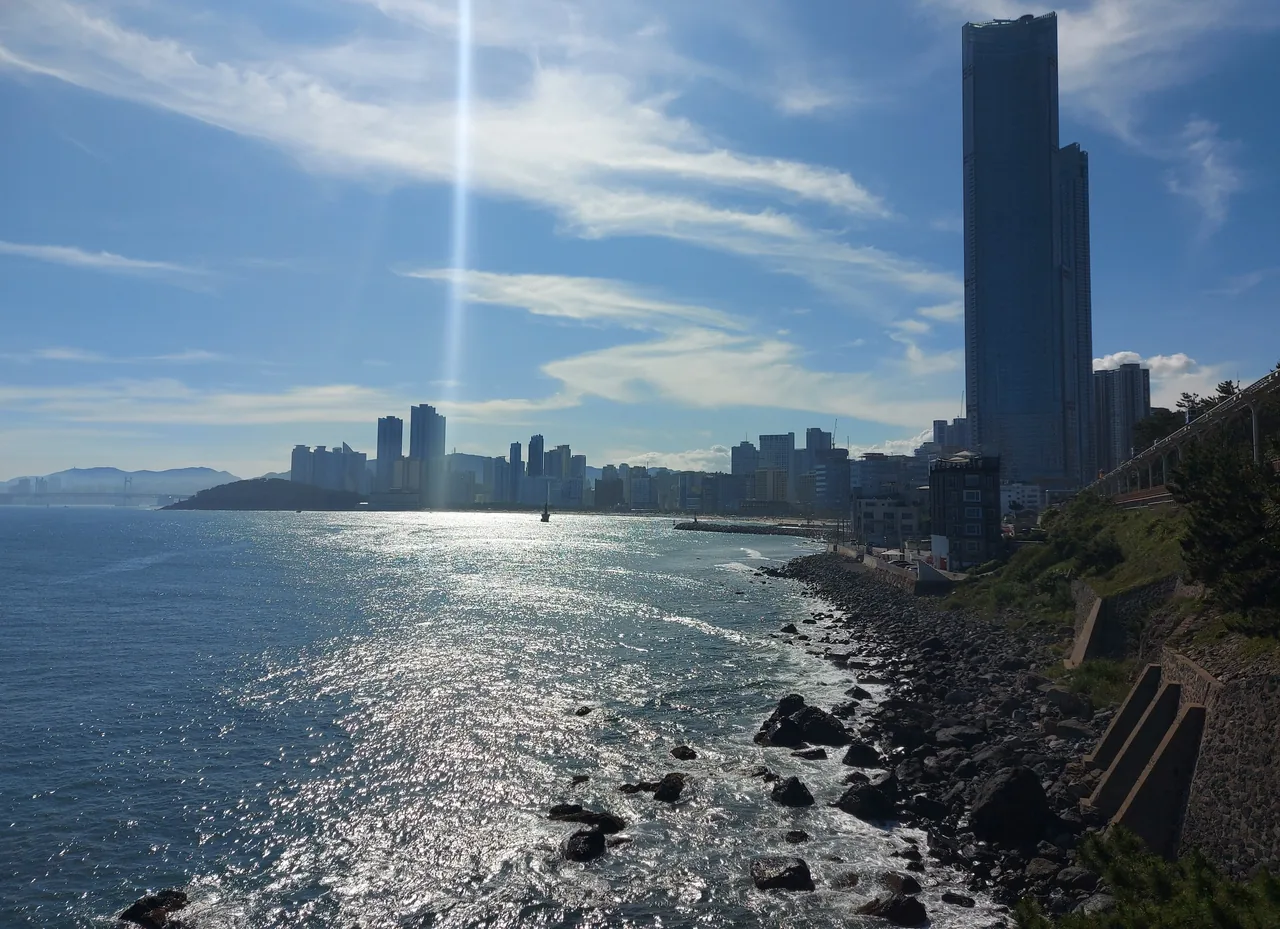 Haeundae Beach with the BUSAN X the Sky tower on the skyline Haeundae Beach with the BUSAN X the Sky tower on the skyline