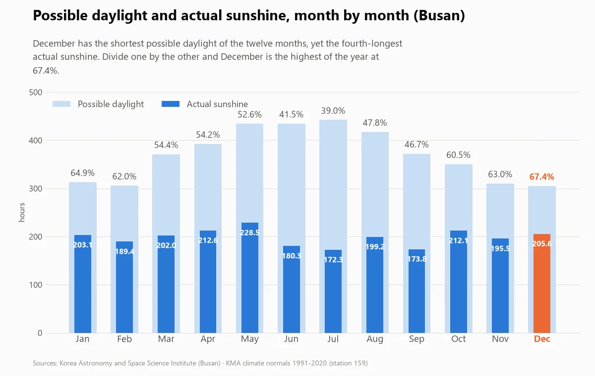 Bar chart comparing possible daylight hours with actual sunshine hours in Busan, month by month