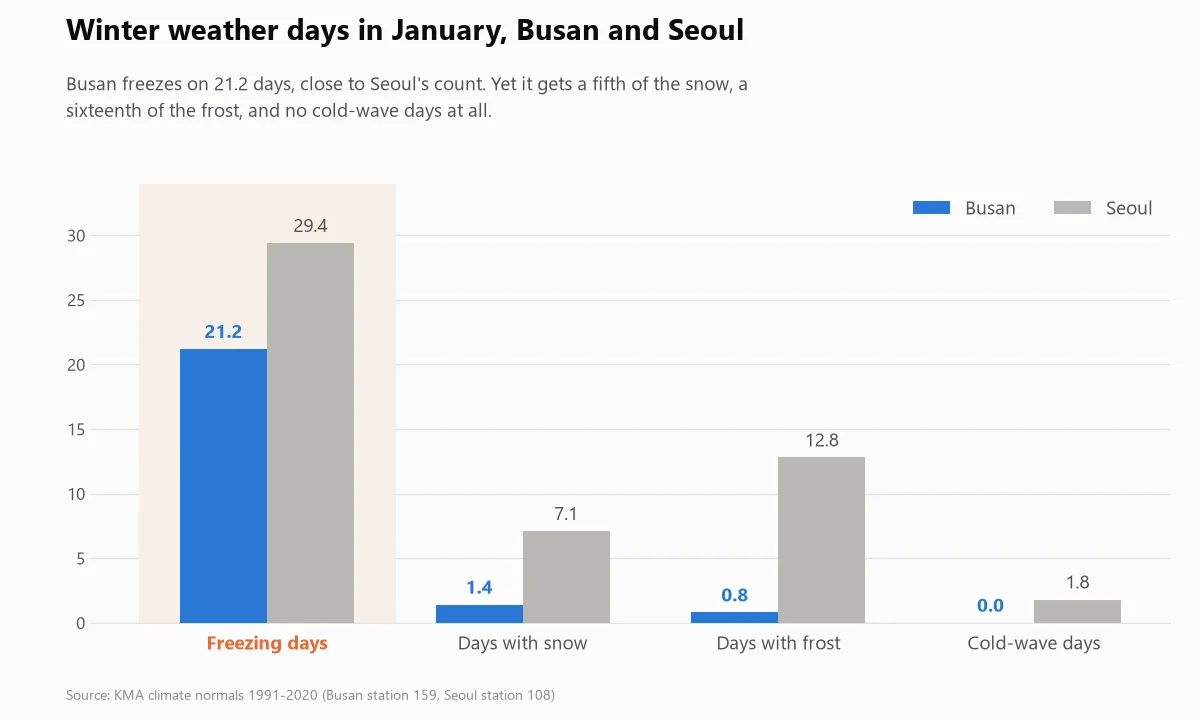 Bar chart comparing days of snow, frost, freezing and cold waves in Busan and Seoul in January