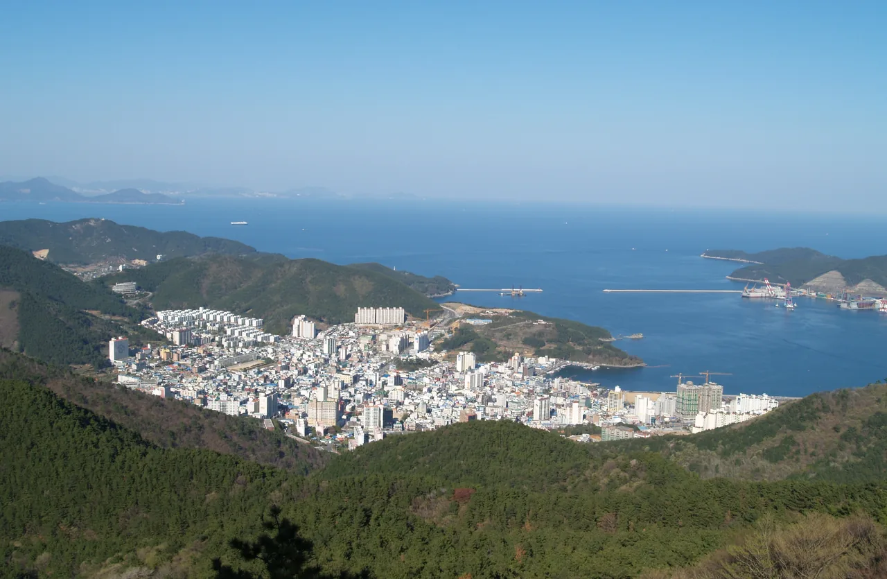 View over Okpo bay on Geoje, where the shipyard now stands