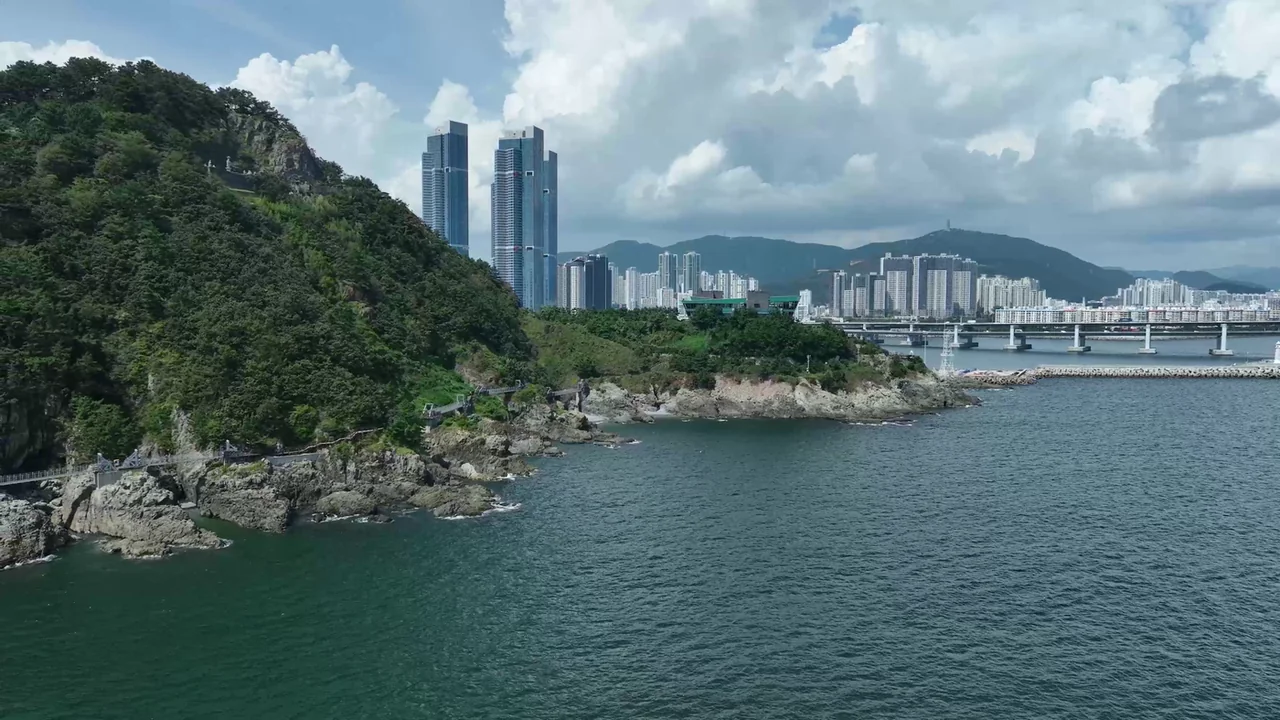 Aerial view of the Igidae sea cliff with the timber boardwalk clinging to the rock
