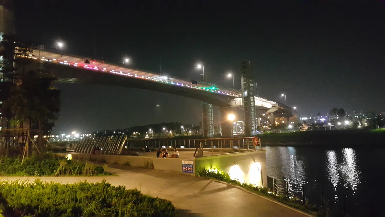 The Gyeongin Ara Waterway lit up at night
