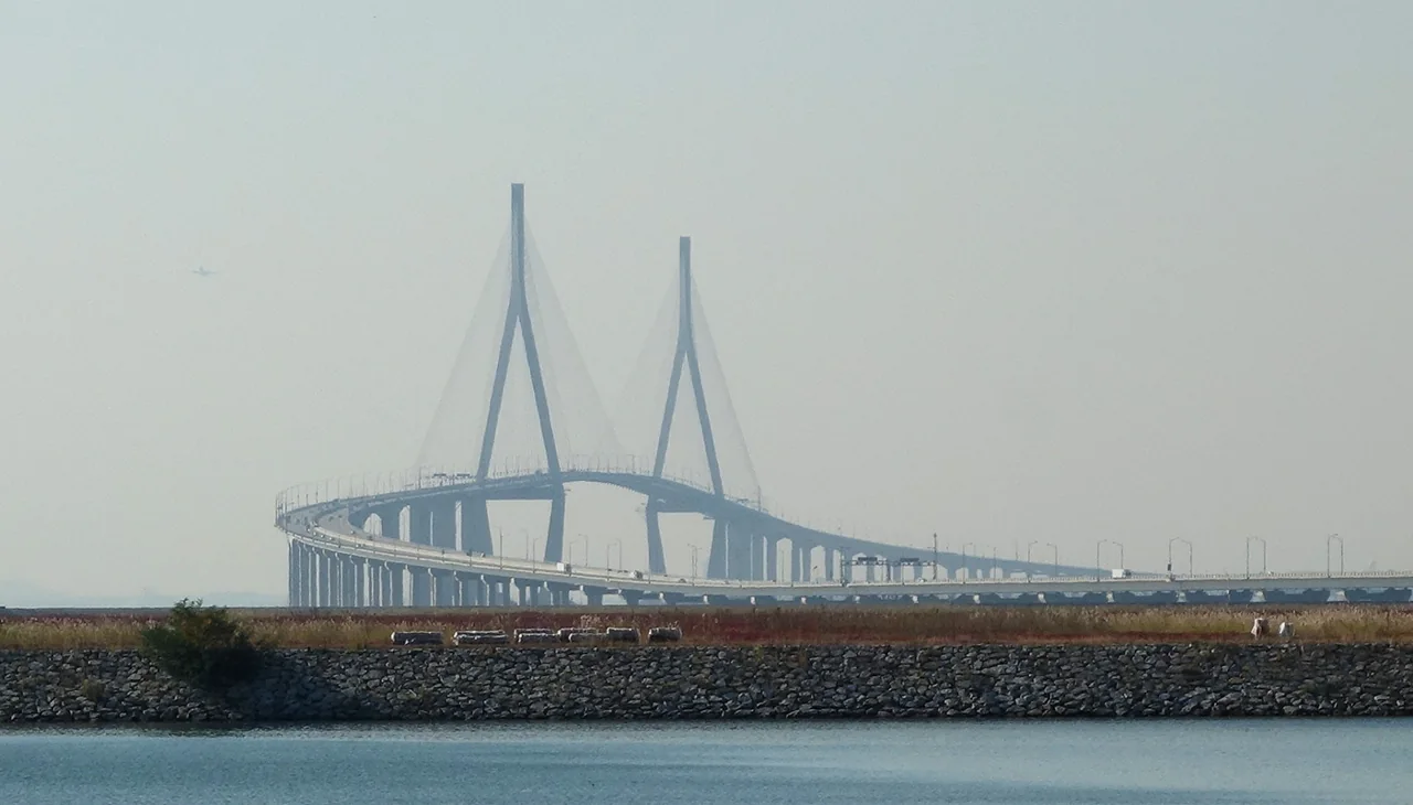 Incheon Bridge stretching across the water to the airport island