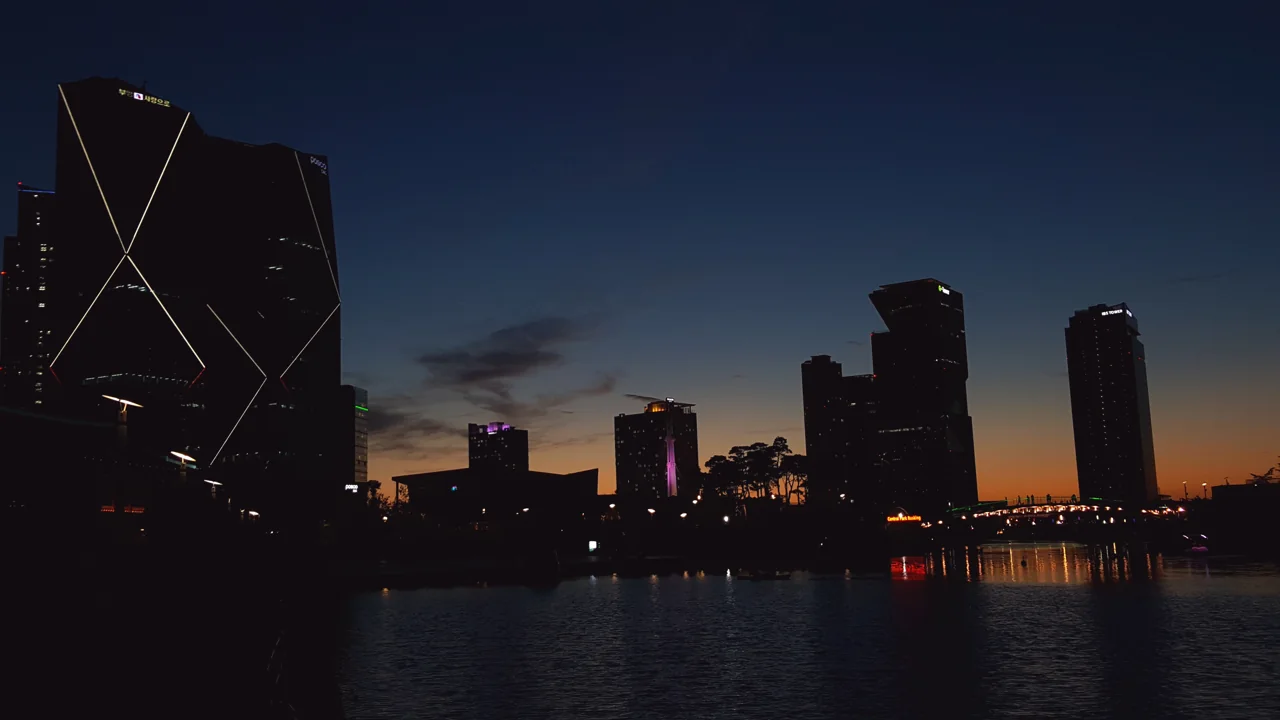Songdo Central Park and its towers after dark