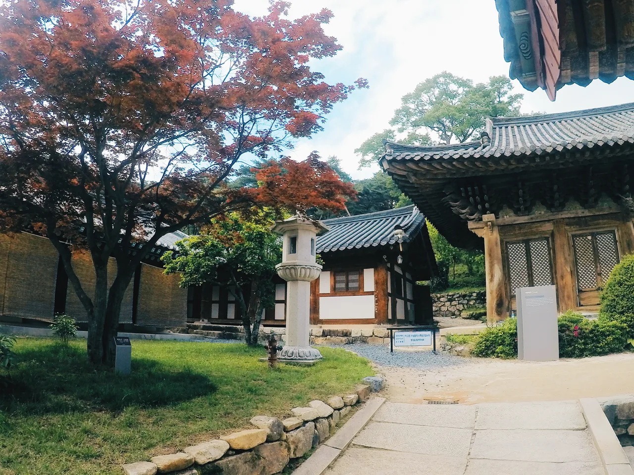 紅葉した木々に囲まれた通度寺の境内と堂宇