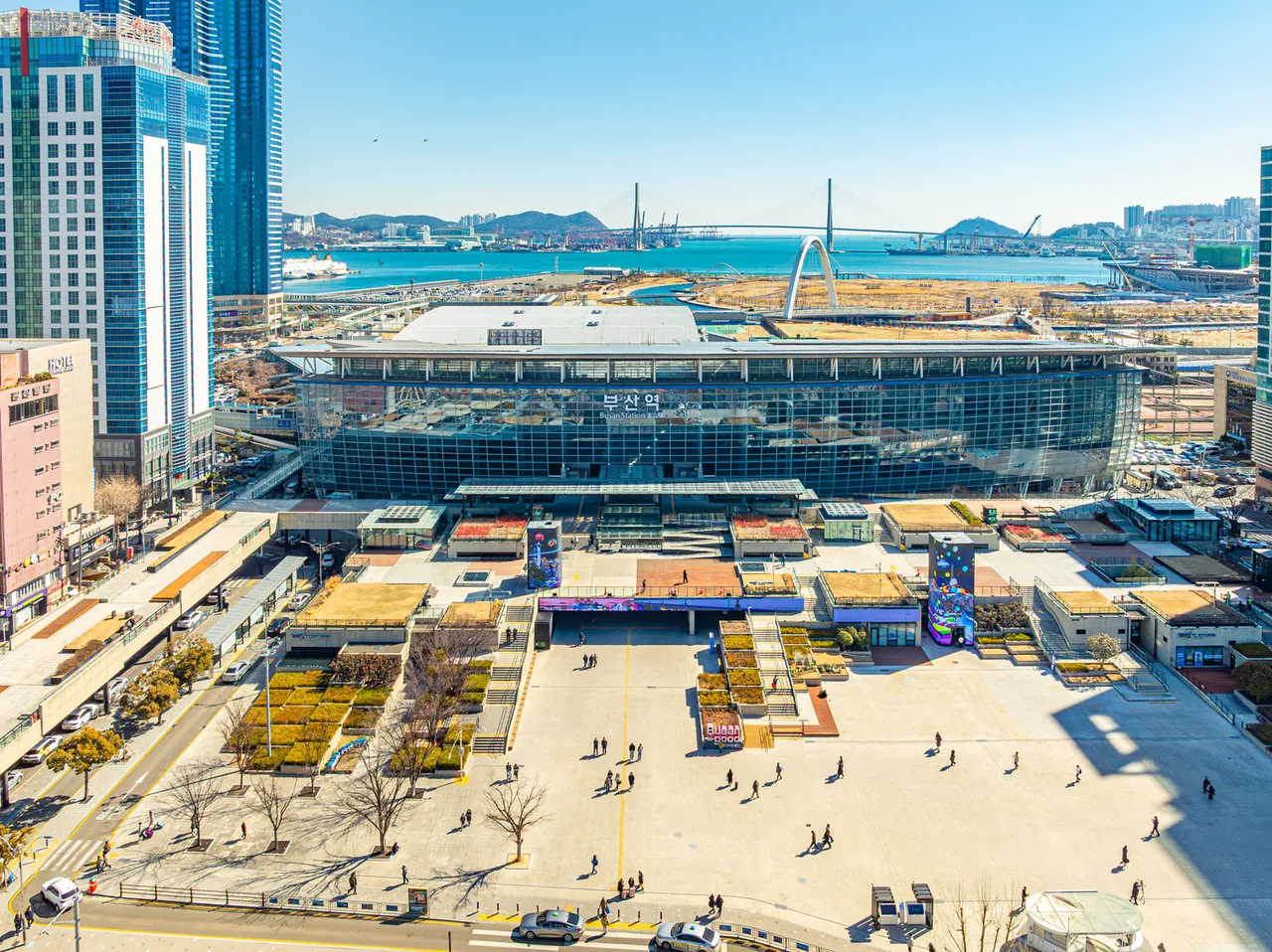 Busan Station, the square in front of it and the harbour behind