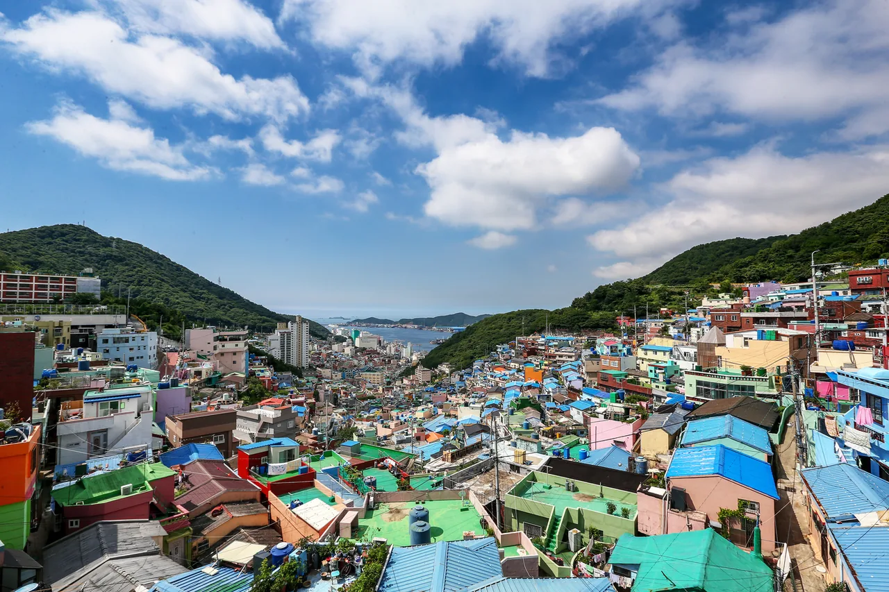 Houses stacked in rows up the hillside at Gamcheon Culture Village