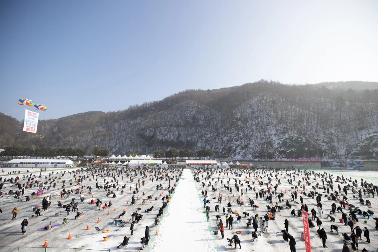 Hundreds of people ice fishing on the frozen Hwacheoncheon stream at the Hwacheon Sancheoneo Ice Festival