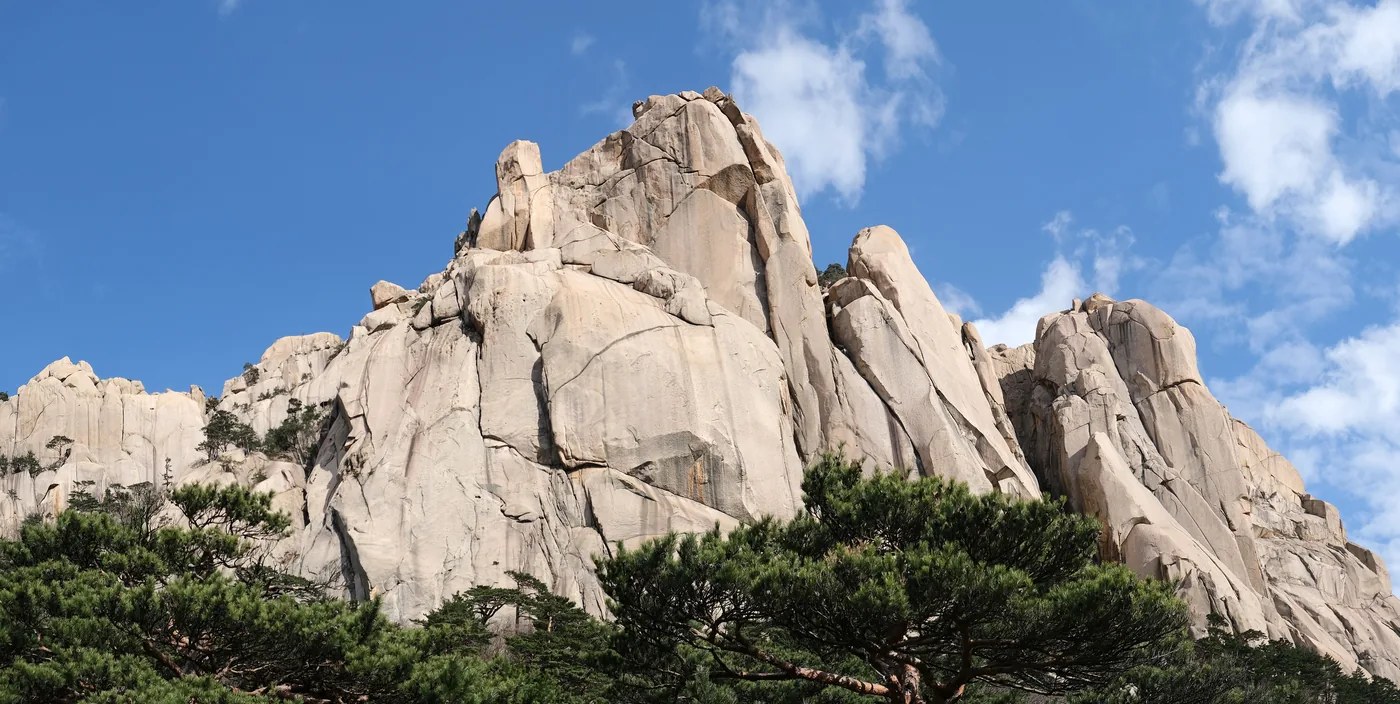 The granite peaks of Ulsanbawi in Seoraksan National Park under a blue sky