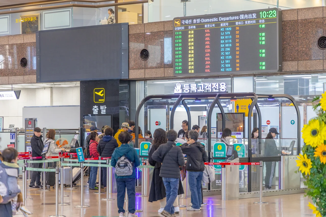 Domestic departures entrance at Gimhae Airport with a departures display board, a biometric gate marked for registered users, a queue of passengers and sunflower decorations Domestic departures entrance at Gimhae Airport with a departures display board, a biometric gate marked for registered users, a queue of passengers and sunflower decorations